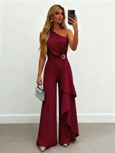Women Fashion Elegant Summer Solid Color Off-Shoulder Ruffled Jumpsuits