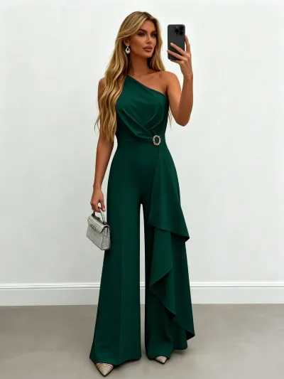 Women Fashion Elegant Summer Solid Color Off-Shoulder Ruffled Jumpsuits