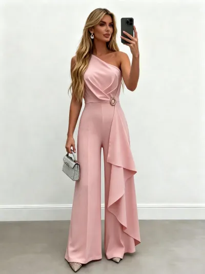 Women Fashion Elegant Summer Solid Color Off-Shoulder Ruffled Jumpsuits