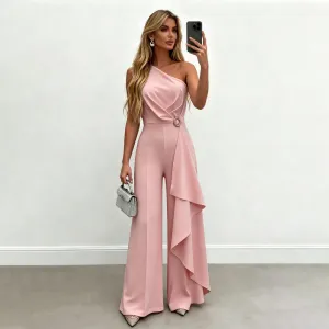 Women Fashion Elegant Summer Solid Color Off-Shoulder Ruffled Jumpsuits