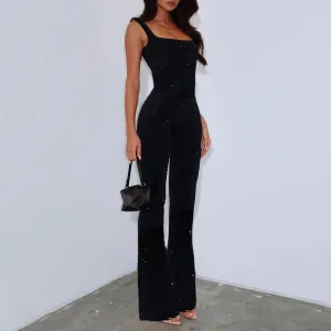 Women Fashion Sexy Soli Color Rhinestone Square Collar Sleeveless Tight Waist Slim-Fit Jumpsuits