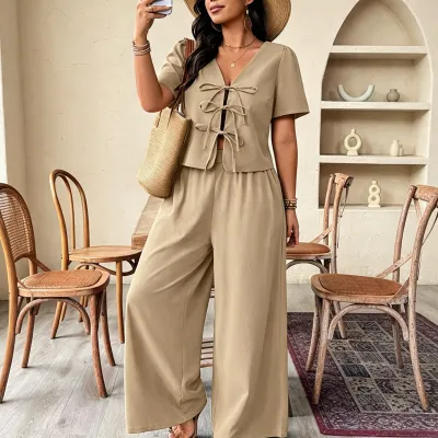 Women Fashion Casual Plus Size Solid Color Short-Sleeve Lace-Up Top Loose Wide Leg Pants Two-Piece Set