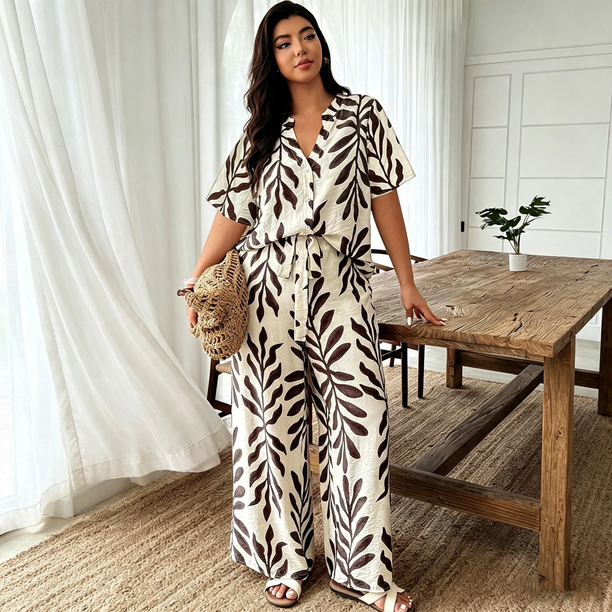 Women Fashion Casual Summer Boho Plus Size Print V-Neck Short-Sleeve Tight Waist Blouse Wide Leg Pants Two-Piece Set