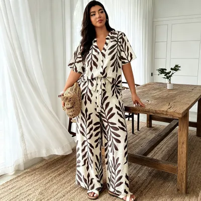 Women Fashion Casual Summer Boho Plus Size Print V-Neck Short-Sleeve Tight Waist Blouse Wide Leg Pants Two-Piece Set