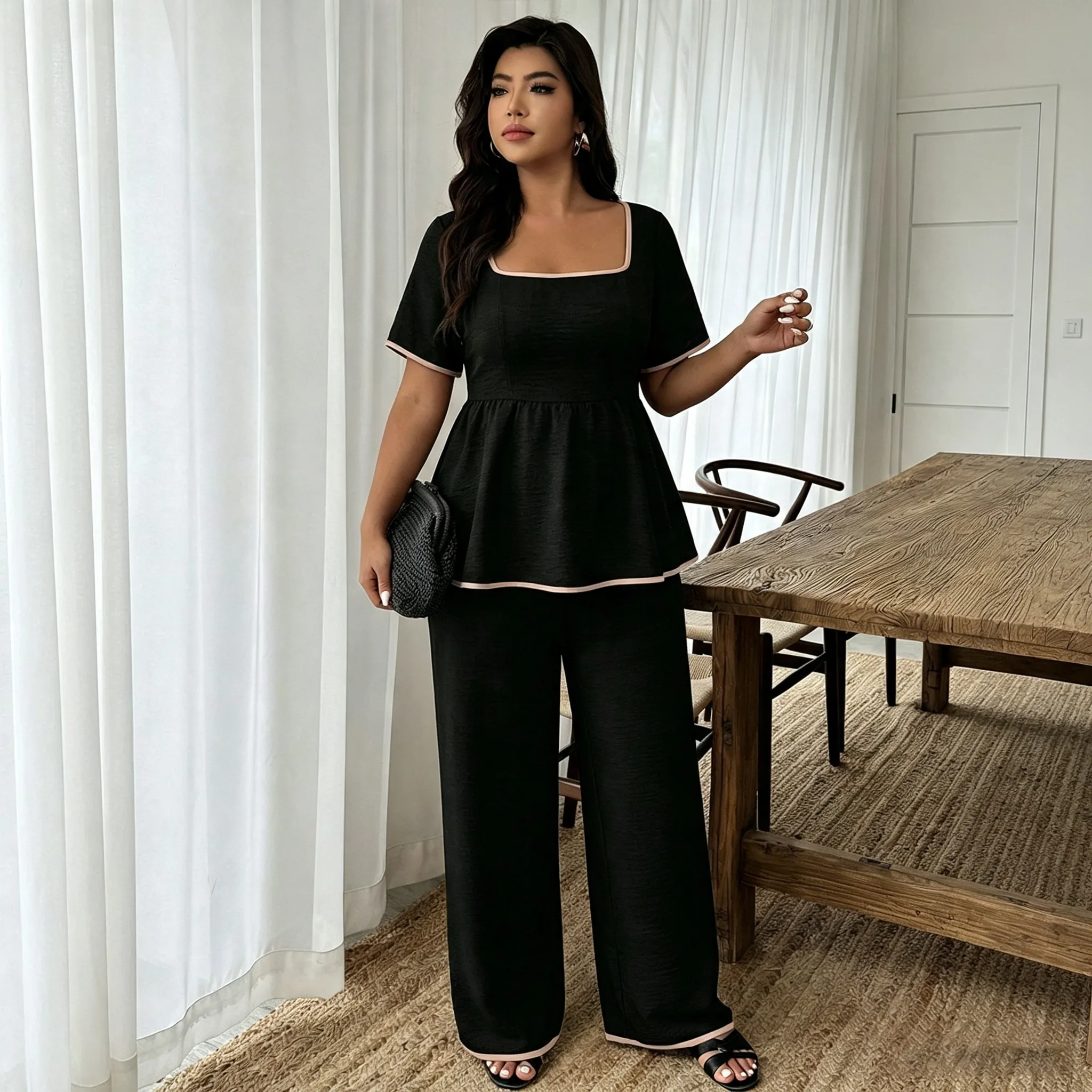 Women Fashion Casual Summer Plus Size Square Collar Short-Sleeve T-Shirt Wide Leg Pants Two-Piece Set