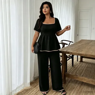 Women Fashion Casual Summer Plus Size Square Collar Short-Sleeve T-Shirt Wide Leg Pants Two-Piece Set