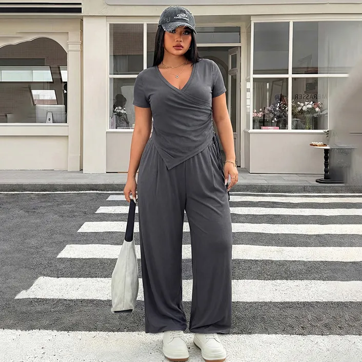 Women Fashion Casual Summer Plus Size Solid Color Irregular V-Neck Short-Sleeve T-Shirt Loose Wide Leg Pants Two-Piece Set