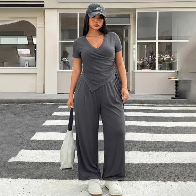 Women Fashion Casual Summer Plus Size Solid Color Irregular V-Neck Short-Sleeve T-Shirt Loose Wide Leg Pants Two-Piece Set