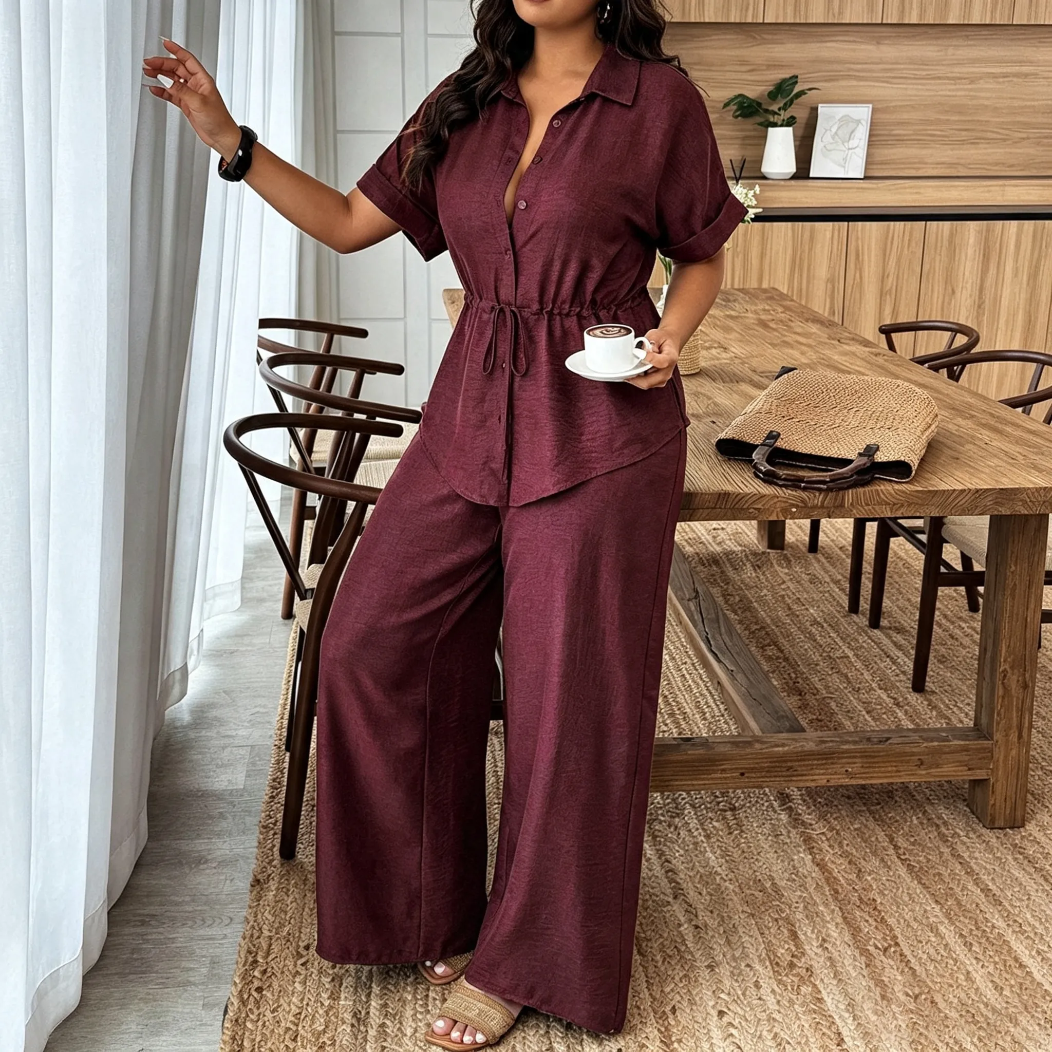 Women Fashion Casual Spring And Summer Plus Size Solid Color Short-Sleeve Drawstring Top Loose Pants Two-Piece Set