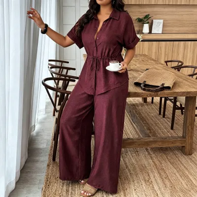 Women Fashion Casual Spring And Summer Plus Size Solid Color Short-Sleeve Drawstring Top Loose Pants Two-Piece Set