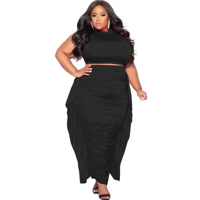 Women Fashion Sexy Plus Size Solid Color Sleeveless Tank Top Tight Pleated Maxi Skirt Two-Piece Set