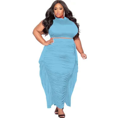 Women Fashion Sexy Plus Size Solid Color Sleeveless Tank Top Tight Pleated Maxi Skirt Two-Piece Set