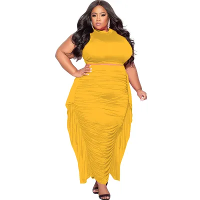 Women Fashion Sexy Plus Size Solid Color Sleeveless Tank Top Tight Pleated Maxi Skirt Two-Piece Set