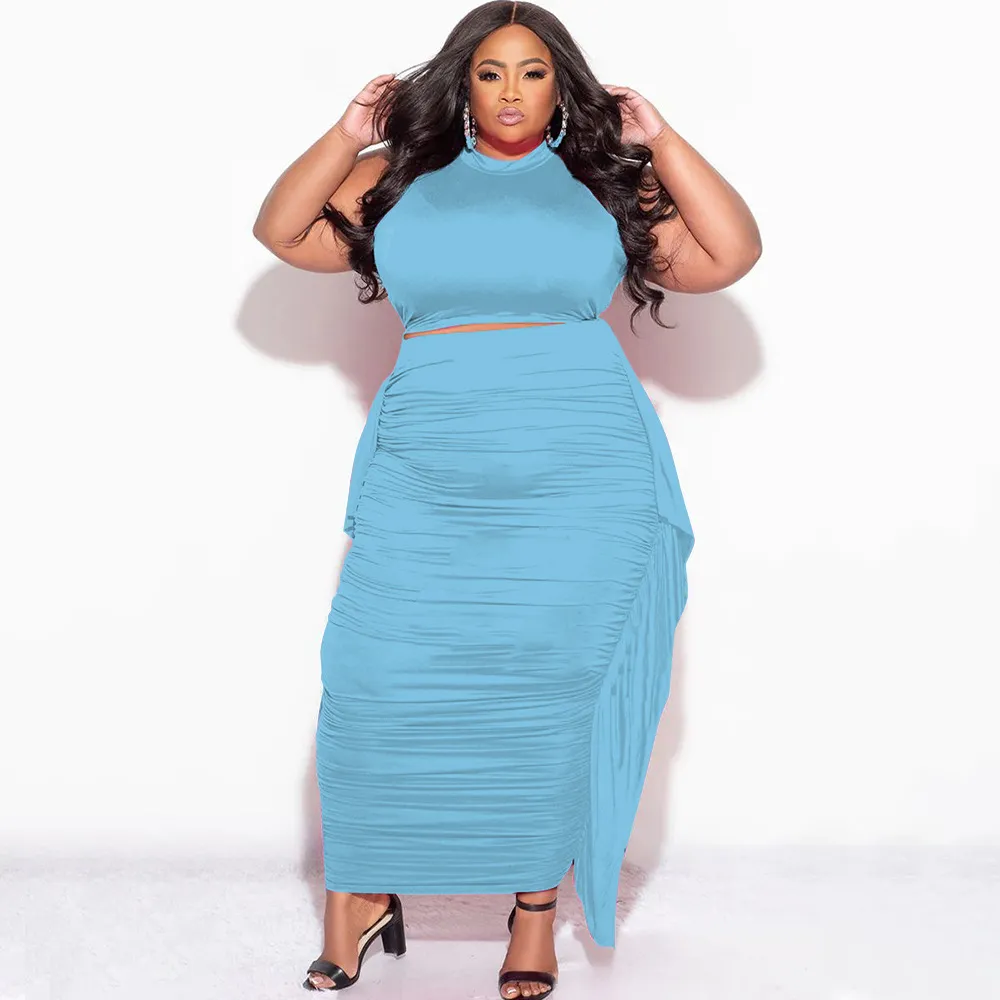Women Fashion Sexy Plus Size Solid Color Sleeveless Tank Top Tight Pleated Maxi Skirt Two-Piece Set