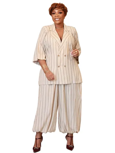 Women Fashion Casual Plus Size Stripe Lapel Long-Sleeve Coat High-Waist Wide-Leg Pants Two-Piece Set