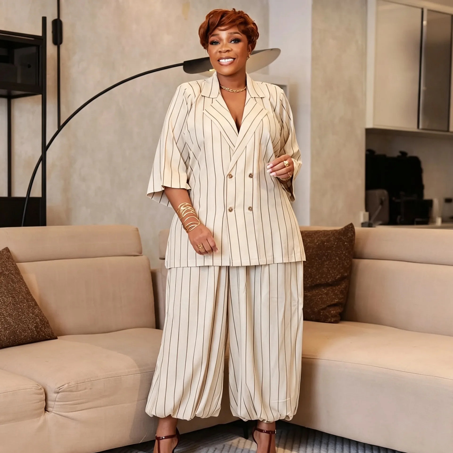 Women Fashion Casual Plus Size Stripe Lapel Long-Sleeve Coat High-Waist Wide-Leg Pants Two-Piece Set
