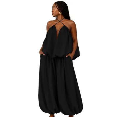 Women Fashion Sexy Plus Size Solid Color Irregular Halter-Neck Backless Top Wide-Leg Pants Two-Piece Set