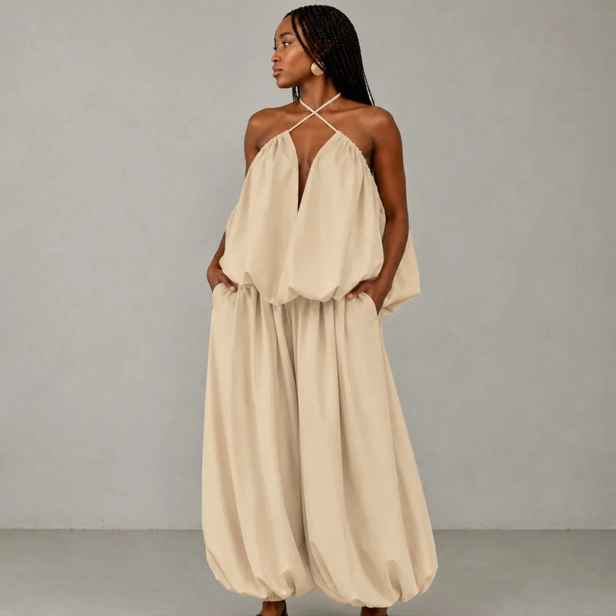 Women Fashion Sexy Plus Size Solid Color Irregular Halter-Neck Backless Top Wide-Leg Pants Two-Piece Set