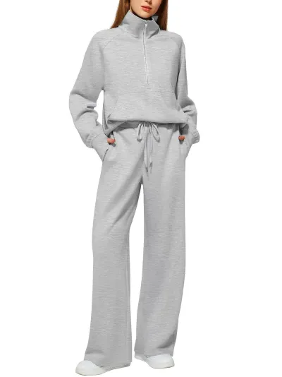 Women Fashion Athleisure Spring And Autumn Solid Color Vertical Collar Zipper Sweatshirt Loose Pants Two-Piece Set