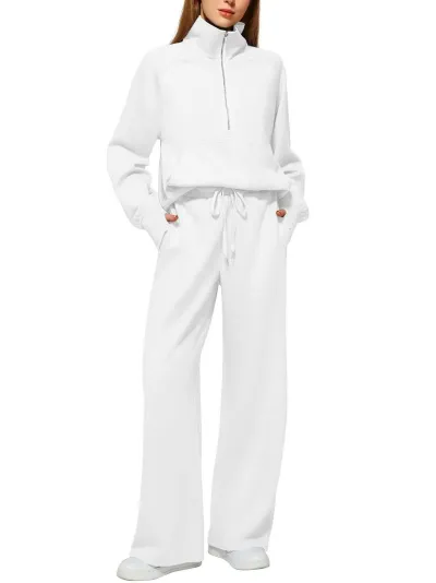 Women Fashion Athleisure Spring And Autumn Solid Color Vertical Collar Zipper Sweatshirt Loose Pants Two-Piece Set