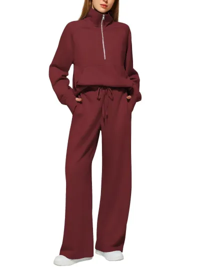 Women Fashion Athleisure Spring And Autumn Solid Color Vertical Collar Zipper Sweatshirt Loose Pants Two-Piece Set
