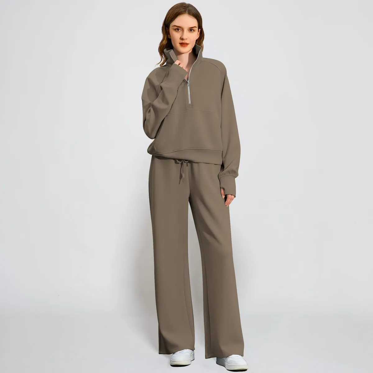Women Fashion Athleisure Spring And Autumn Solid Color Vertical Collar Zipper Sweatshirt Loose Pants Two-Piece Set