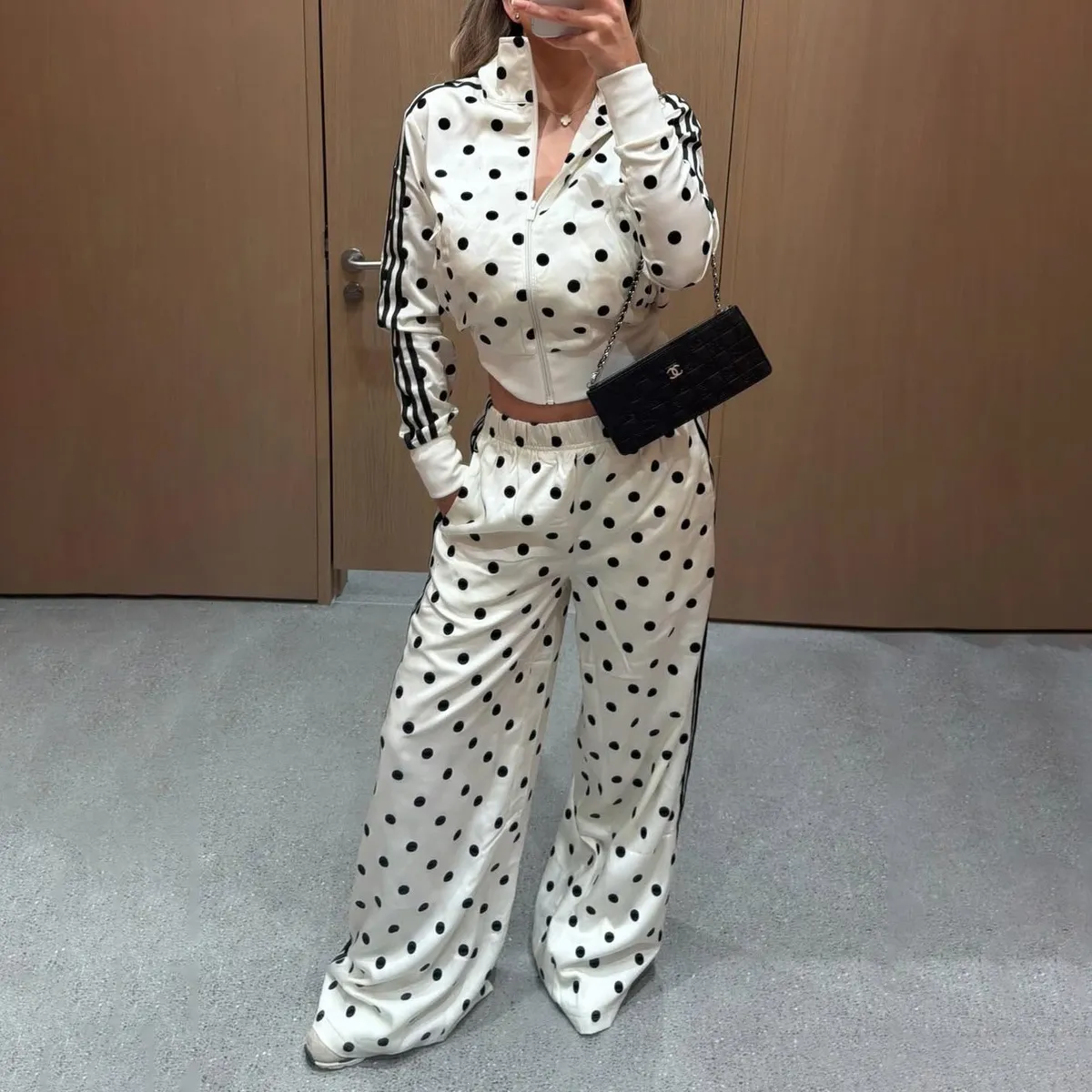 Women Fashion Athleisure Autumn Polka Dot Print Lapel Long-Sleeve Jacket Wide Leg Pants Two-Piece Set