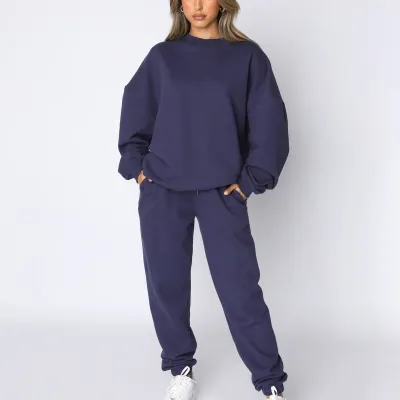 Women Fashion Athleisure Simple Spring And Autumn Solid Color Round Neck Long Sleeve Sweatshirt Pants Two-Piece Set
