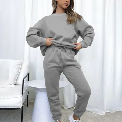 Women Fashion Athleisure Simple Spring And Autumn Solid Color Round Neck Long Sleeve Sweatshirt Pants Two-Piece Set