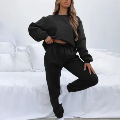 Women Fashion Athleisure Simple Spring And Autumn Solid Color Round Neck Long Sleeve Sweatshirt Pants Two-Piece Set