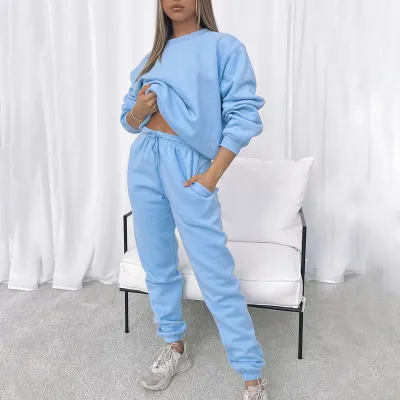 Women Fashion Athleisure Simple Spring And Autumn Solid Color Round Neck Long Sleeve Sweatshirt Pants Two-Piece Set