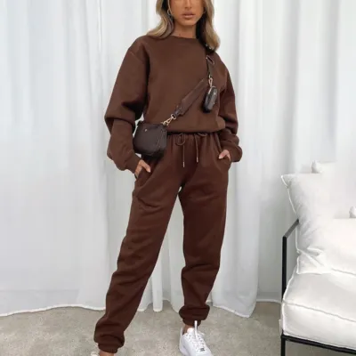 Women Fashion Athleisure Simple Spring And Autumn Solid Color Round Neck Long Sleeve Sweatshirt Pants Two-Piece Set