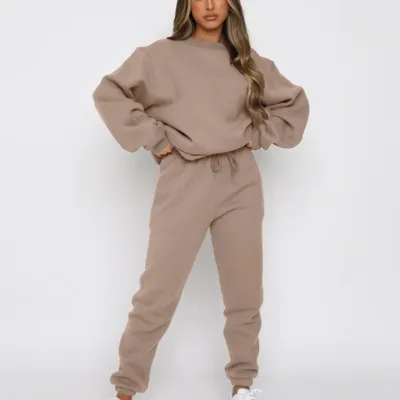 Women Fashion Athleisure Simple Spring And Autumn Solid Color Round Neck Long Sleeve Sweatshirt Pants Two-Piece Set