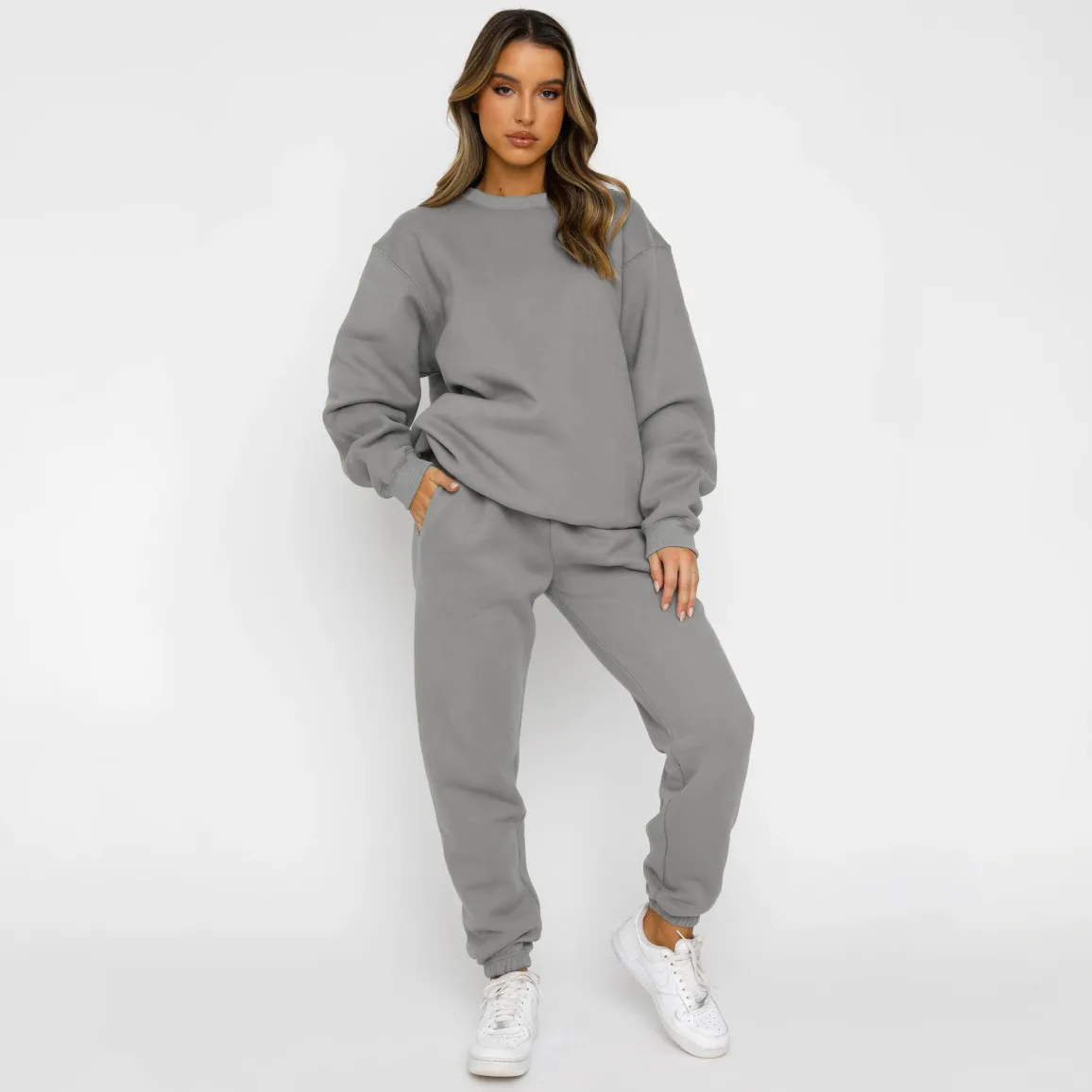 Women Fashion Athleisure Simple Spring And Autumn Solid Color Round Neck Long Sleeve Sweatshirt Pants Two-Piece Set