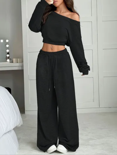 Women Fashion Athleisure Autumn Solid Color Long-Sleeve Sweatshirt Loose Pants Two-Piece Set