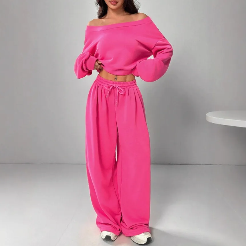 Women Fashion Athleisure Autumn Solid Color Long-Sleeve Sweatshirt Loose Pants Two-Piece Set