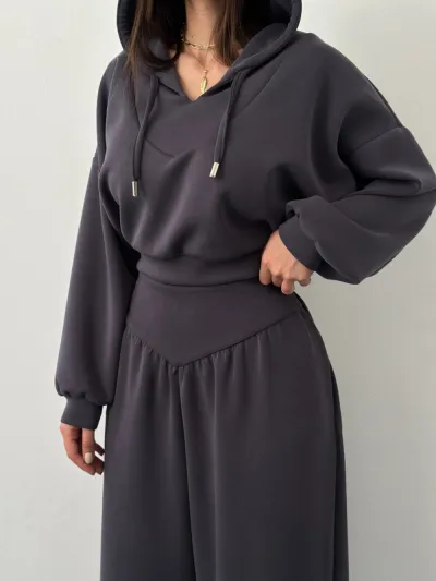 Women Fashion Athleisure Spring And Autumn Solid Color V-Neck Long-Sleeve Hoodies Loose Pants Two-Piece Set