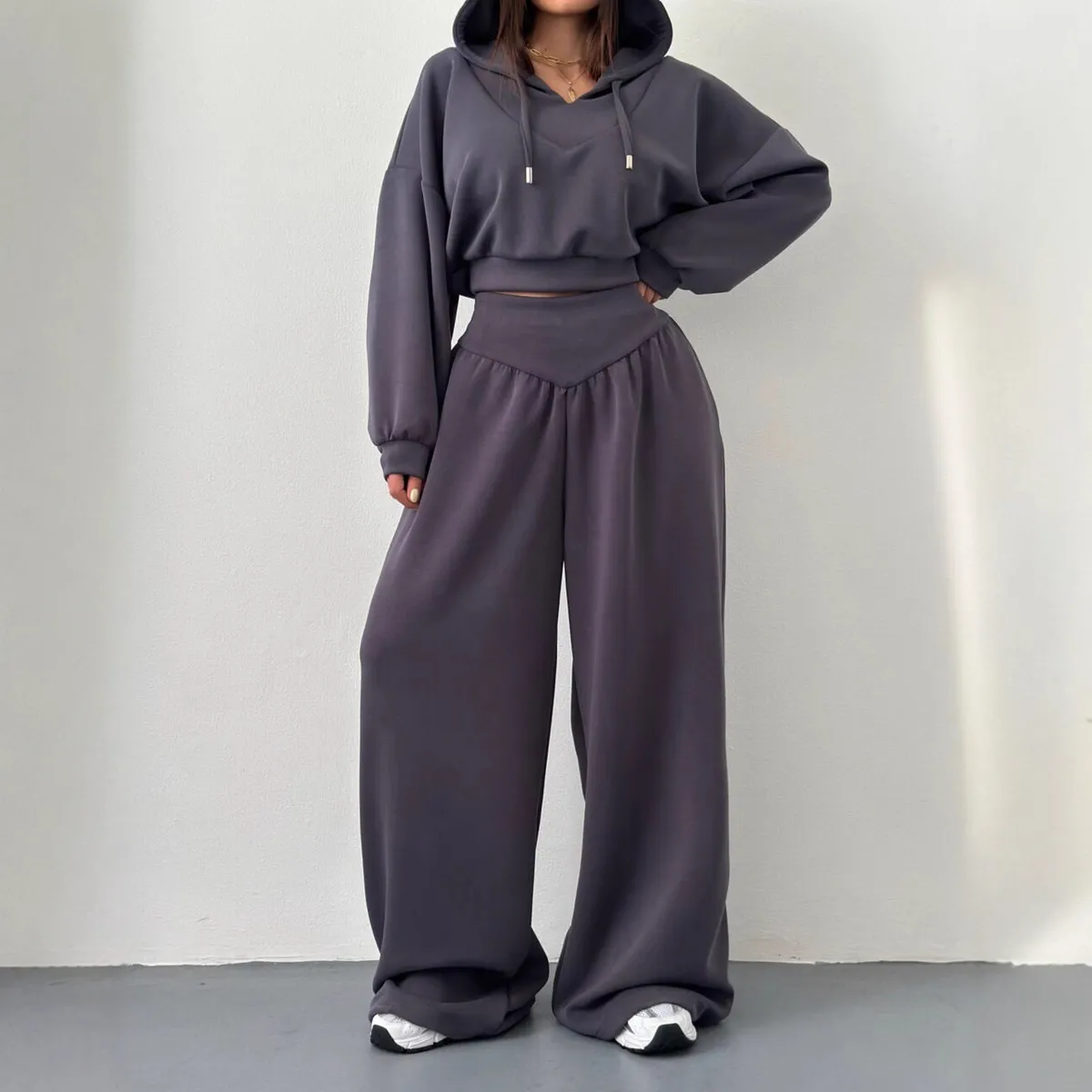 Women Fashion Athleisure Spring And Autumn Solid Color V-Neck Long-Sleeve Hoodies Loose Pants Two-Piece Set