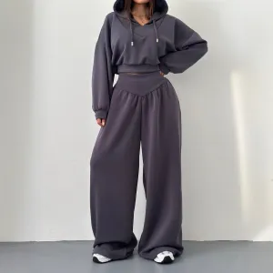 Women Fashion Athleisure Spring And Autumn Solid Color V-Neck Long-Sleeve Hoodies Loose Pants Two-Piece Set