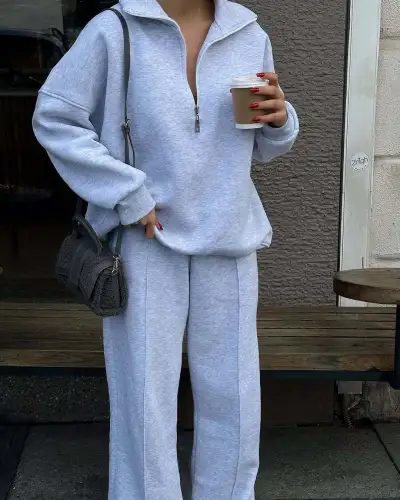 Women Fashion Athleisure Autumn And Winter Solid Color Half-Placket Long-Sleeve Sweatshirt Loose Pants Two-Piece Set