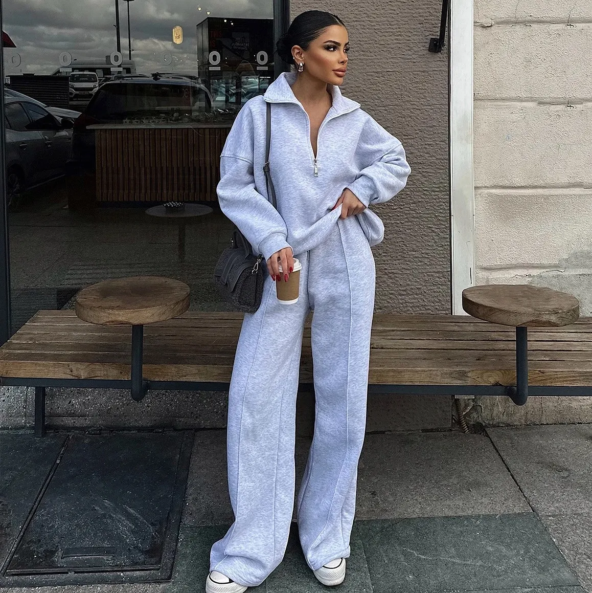 Women Fashion Athleisure Autumn And Winter Solid Color Half-Placket Long-Sleeve Sweatshirt Loose Pants Two-Piece Set