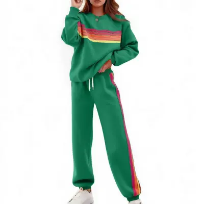 Women Fashion Athleisure Autumn And Winter Color Block Strip Long-Sleeve Sweatshirt Loose Waist Pants Two-Piece Set