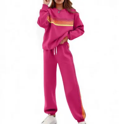 Women Fashion Athleisure Autumn And Winter Color Block Strip Long-Sleeve Sweatshirt Loose Waist Pants Two-Piece Set