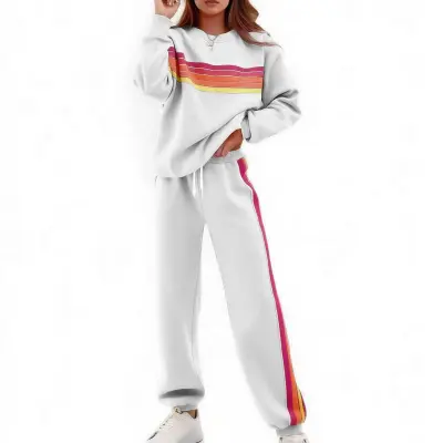 Women Fashion Athleisure Autumn And Winter Color Block Strip Long-Sleeve Sweatshirt Loose Waist Pants Two-Piece Set