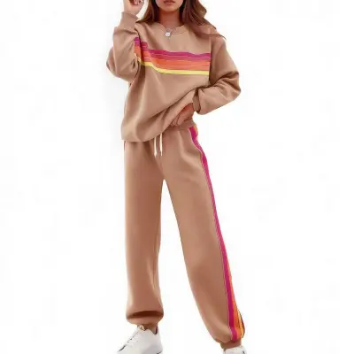 Women Fashion Athleisure Autumn And Winter Color Block Strip Long-Sleeve Sweatshirt Loose Waist Pants Two-Piece Set