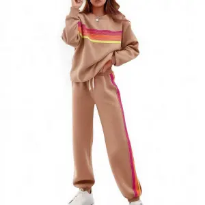 Women Fashion Athleisure Autumn And Winter Color Block Strip Long-Sleeve Sweatshirt Loose Waist Pants Two-Piece Set