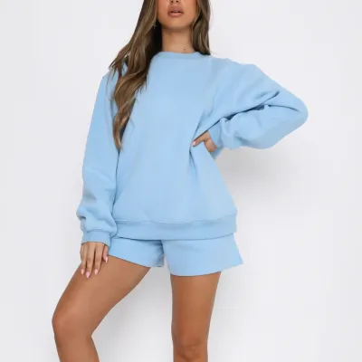 Women Fashion Athleisure Spring And Autumn Solid Color Round Neck Long-Sleeve Sweatshirt Loose Shorts Two-Piece Set