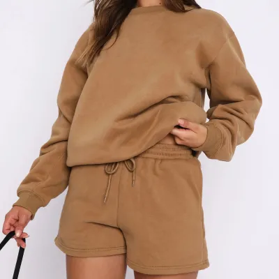 Women Fashion Athleisure Spring And Autumn Solid Color Round Neck Long-Sleeve Sweatshirt Loose Shorts Two-Piece Set
