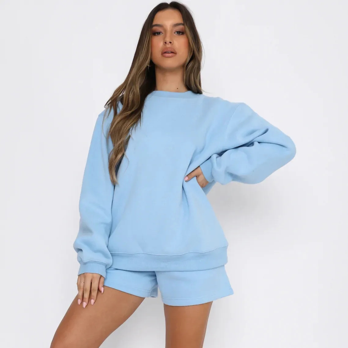 Women Fashion Athleisure Spring And Autumn Solid Color Round Neck Long-Sleeve Sweatshirt Loose Shorts Two-Piece Set