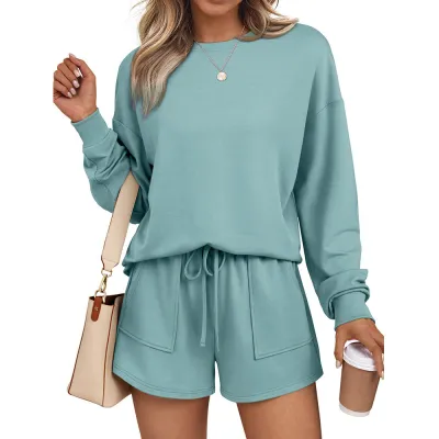 Women Fashion Athleisure Autumn Solid Color Round-Neck Long Sleeve Sweatshirt Loose Shorts Two-Piece Set